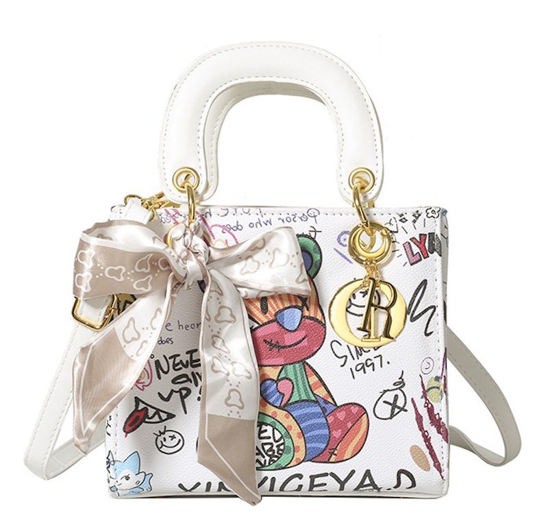 画像1: Graphic Graffiti Paint Square Tote Shoulder Leather Bag 　グラフィック落書きペイントスクエアトートショルダーレザーバッグ (1)