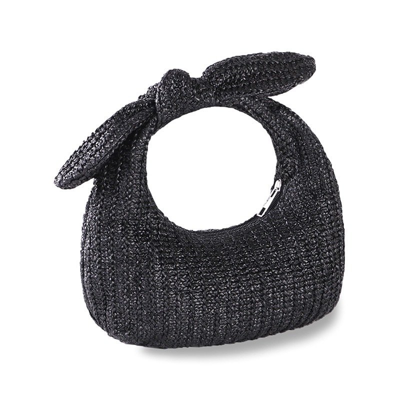 画像1: Straw-Woven Bow Handle Crescent Moon Semicircular Tote Handbag　クレセント ムーンハンドルリボンかご籠トートバッグ (1)
