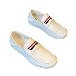 画像2: Mens Unisex Patent knit stripe stitching square head shoes flat single shoes エナメル ニット ストライプ フラット ローファー シューズ (2)
