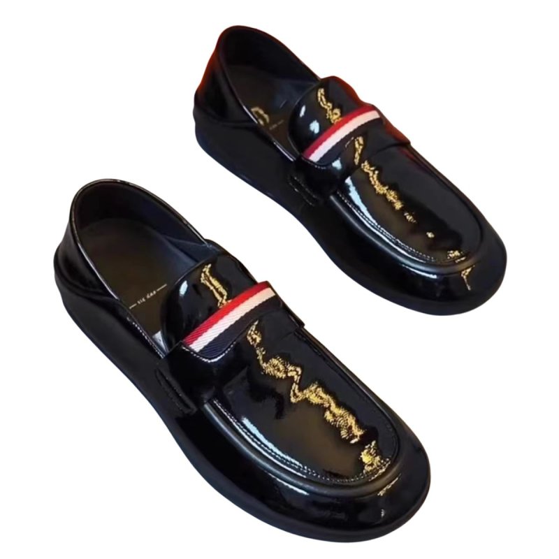 画像4: Mens Unisex Patent knit stripe stitching square head shoes flat single shoes エナメル ニット ストライプ フラット ローファー シューズ (4)