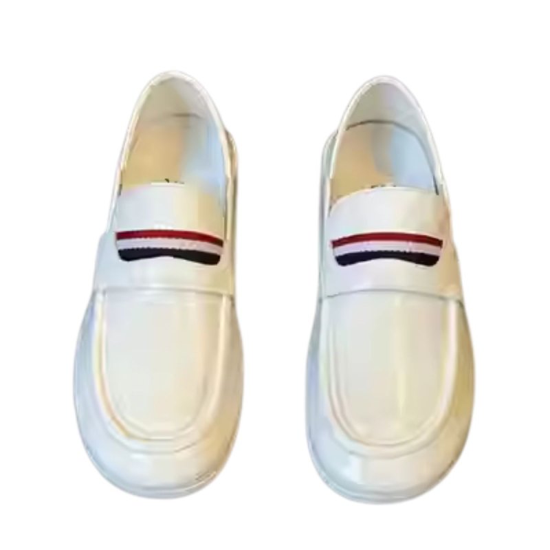 画像1: Mens Unisex Patent knit stripe stitching square head shoes flat single shoes エナメル ニット ストライプ フラット ローファー シューズ (1)