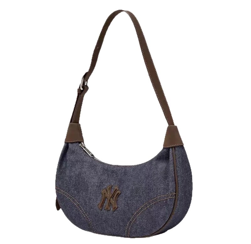 画像1: MLB NY Denim Half-Moon Croissant Tote Shoulder Bag　ニューヨークヤンキースデニムクロワッサン半月トートショルダーアンダーアームバッグ (1)