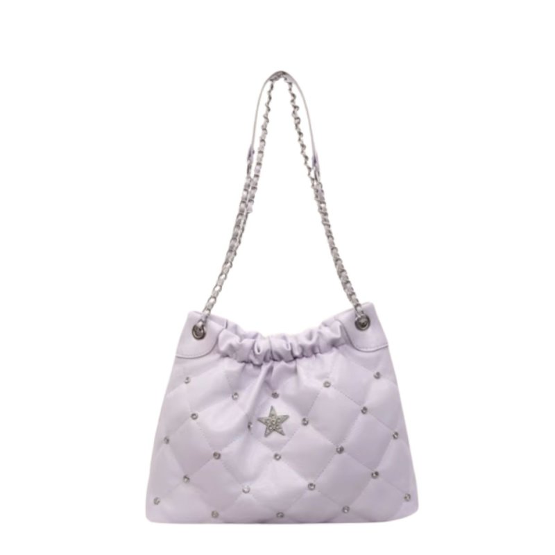 画像6: Quilted Star & Pavé Chain Drawstring Leather Tote Shoulder Crossbody Bag　キルティングスター＆パヴェチェーン巾着レザートートショルダークロスボディバッグ (6)