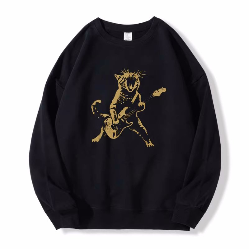 画像1: Rock and Roll Guitar Cat Long Sleeve round neck Sweatshirt　ユニセックス男女兼用ロックキャット スウェット トレーナー (1)