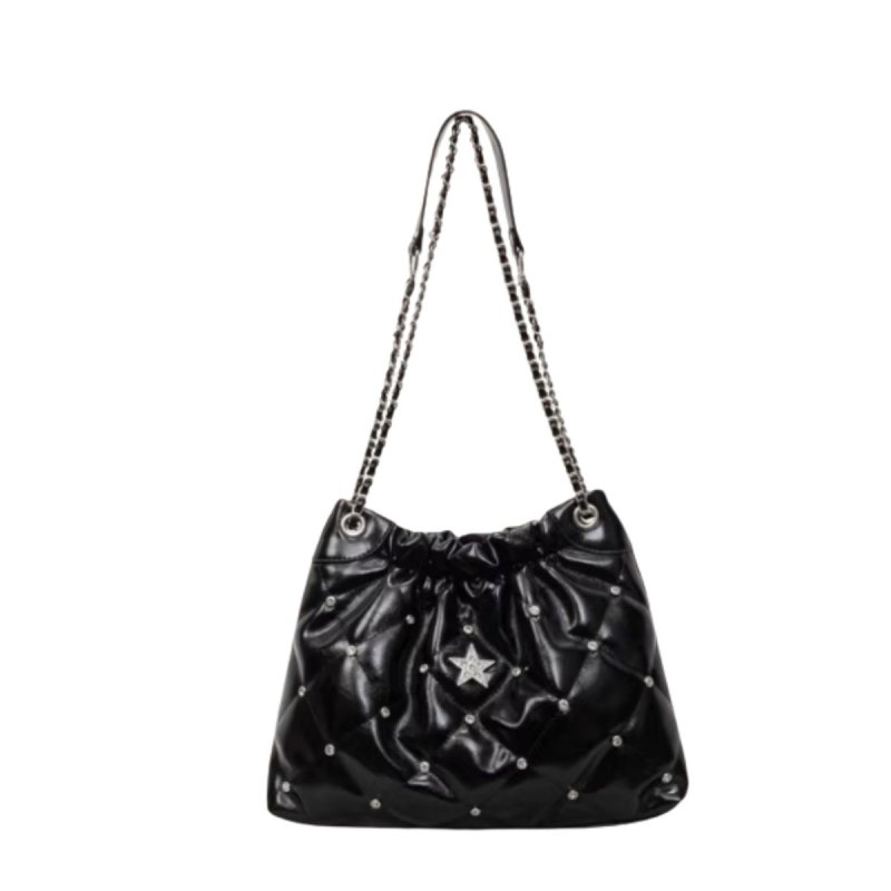 画像3: Quilted Star & Pavé Chain Drawstring Leather Tote Shoulder Crossbody Bag　キルティングスター＆パヴェチェーン巾着レザートートショルダークロスボディバッグ (3)