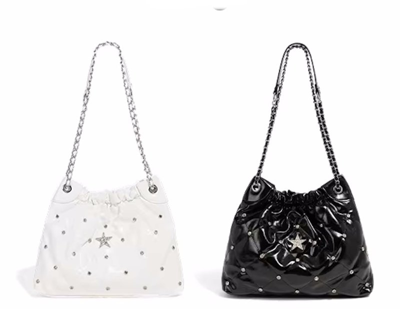 画像7: Quilted Star & Pavé Chain Drawstring Leather Tote Shoulder Crossbody Bag　キルティングスター＆パヴェチェーン巾着レザートートショルダークロスボディバッグ (7)
