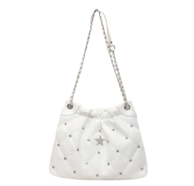 画像1: Quilted Star & Pavé Chain Drawstring Leather Tote Shoulder Crossbody Bag　キルティングスター＆パヴェチェーン巾着レザートートショルダークロスボディバッグ (1)