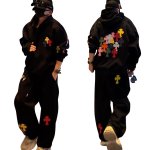 画像1: Colorful cross patchwork hoodie and wide pants set　 ユニセックス 男女兼用 カラフルクロスパッチワークフーディ＆ワイドパンツ セットアップ上下  (1)