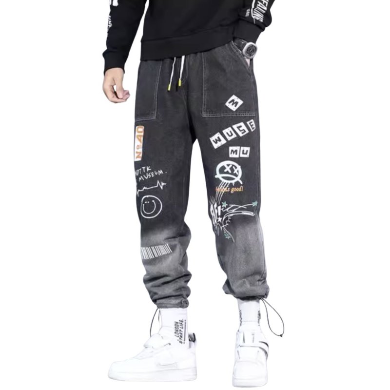 画像6: Men's men and women hip-hop straight wide-leg pants graffiti cartoon trend gradient loose-fitting harem pants ユニセックスパンツ男女兼用レター＆コミックプリントデニムパンツ (6)