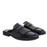 画像1: Men's DESIGN backless mule loafer in black faux leather with fringe and studding detaiバックレスミュールローファーフリンジとスタッズディテール付きブラックフェイクレザーl (1)