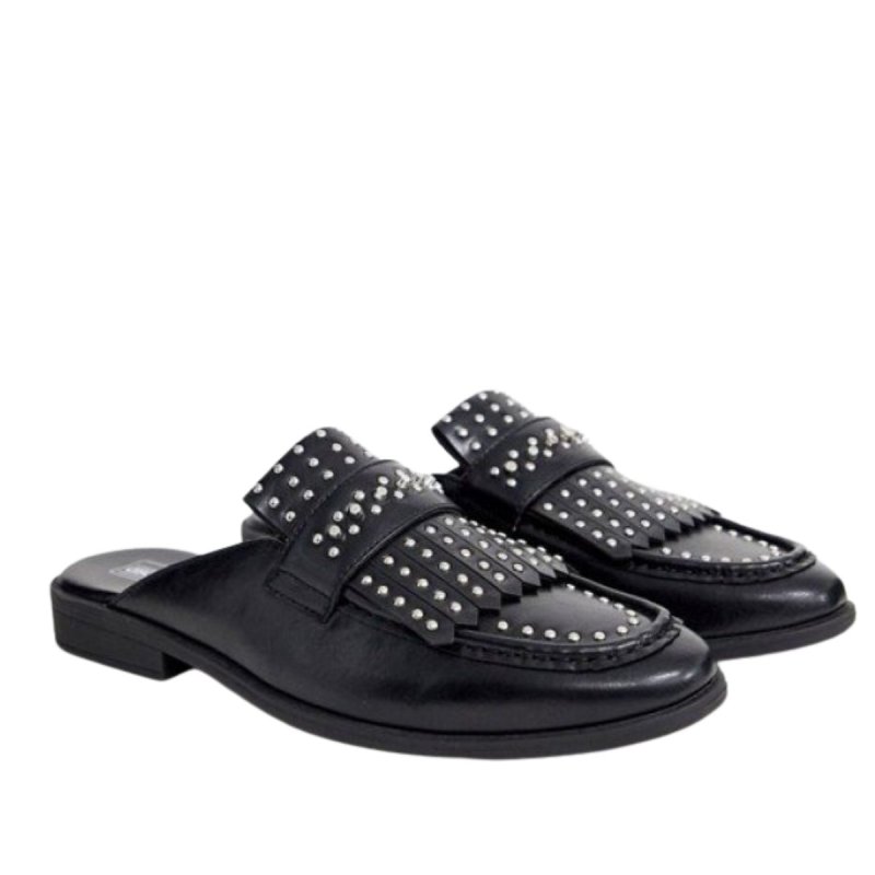 画像1: Men's DESIGN backless mule loafer in black faux leather with fringe and studding detaiバックレスミュールローファーフリンジとスタッズディテール付きブラックフェイクレザーl (1)