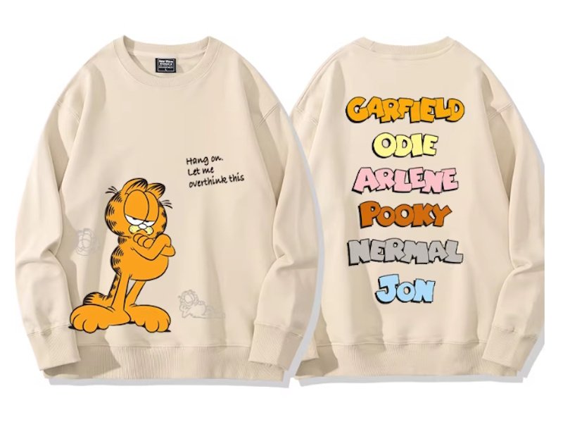画像1: hang on let me over think this Garfield Print Sweatshirt　ユニセックス男女兼用考え中ガーフィールド スウェットシャツトレーナー  (1)