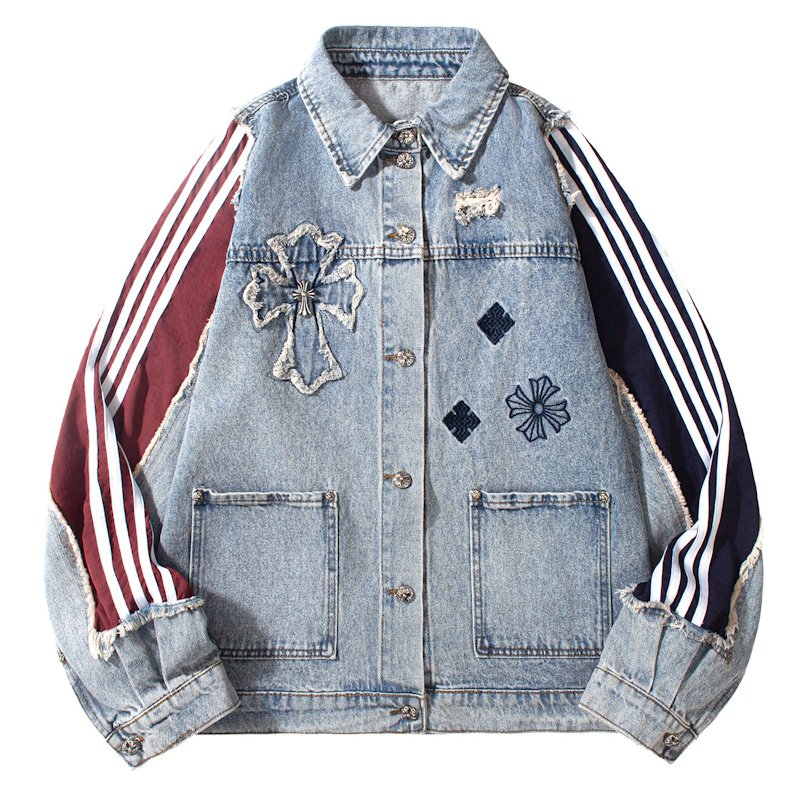 画像2: Four-line cross patchwork denim jacket Denim jacket　ユニセックス男女兼用4本ラインクロスパッチワークデニムジャケット Gジャン (2)