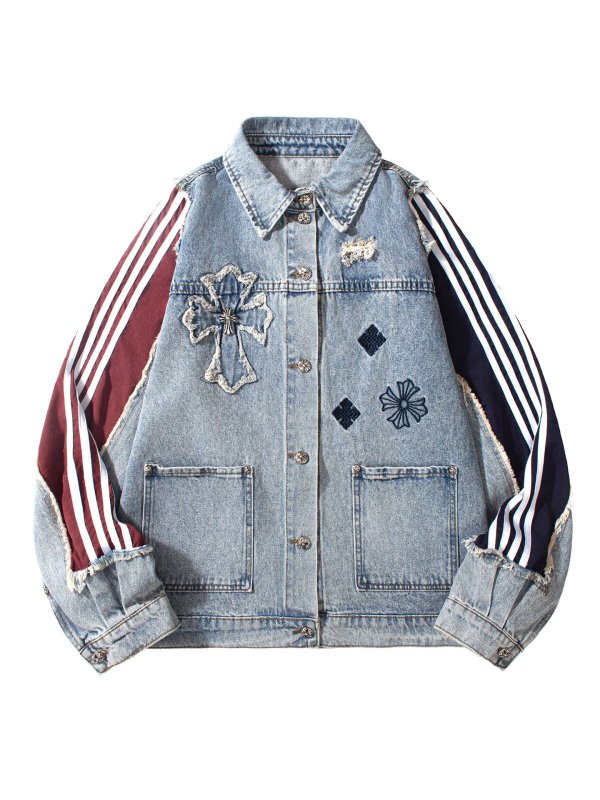 画像6: Four-line cross patchwork denim jacket Denim jacket　ユニセックス男女兼用4本ラインクロスパッチワークデニムジャケット Gジャン (6)