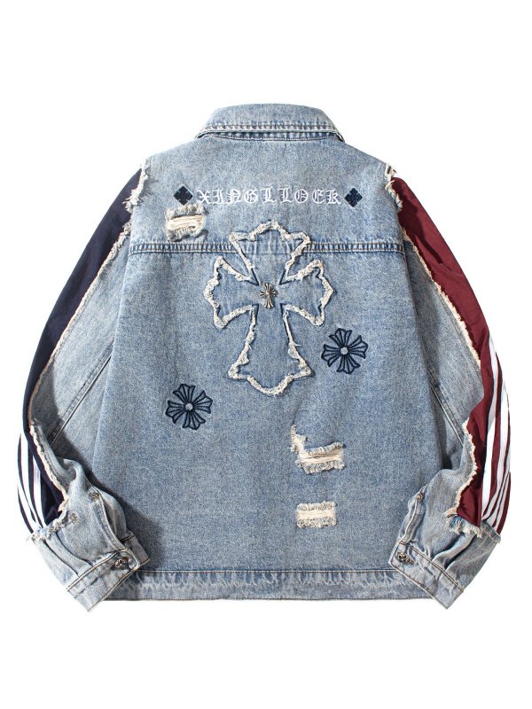 画像3: Four-line cross patchwork denim jacket Denim jacket　ユニセックス男女兼用4本ラインクロスパッチワークデニムジャケット Gジャン (3)