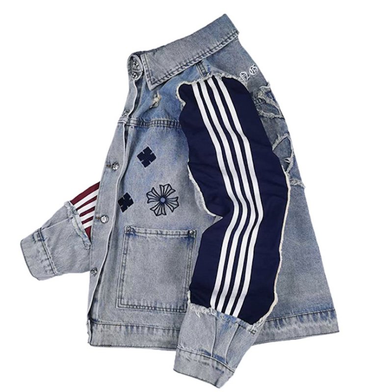 画像5: Four-line cross patchwork denim jacket Denim jacket　ユニセックス男女兼用4本ラインクロスパッチワークデニムジャケット Gジャン (5)