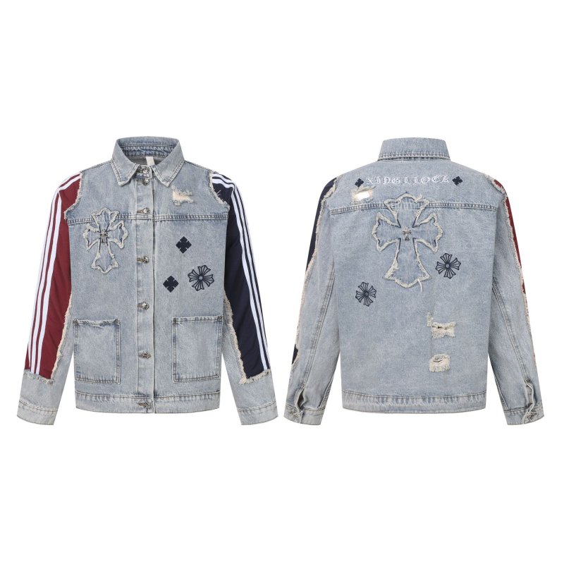 画像1: Four-line cross patchwork denim jacket Denim jacket　ユニセックス男女兼用4本ラインクロスパッチワークデニムジャケット Gジャン (1)