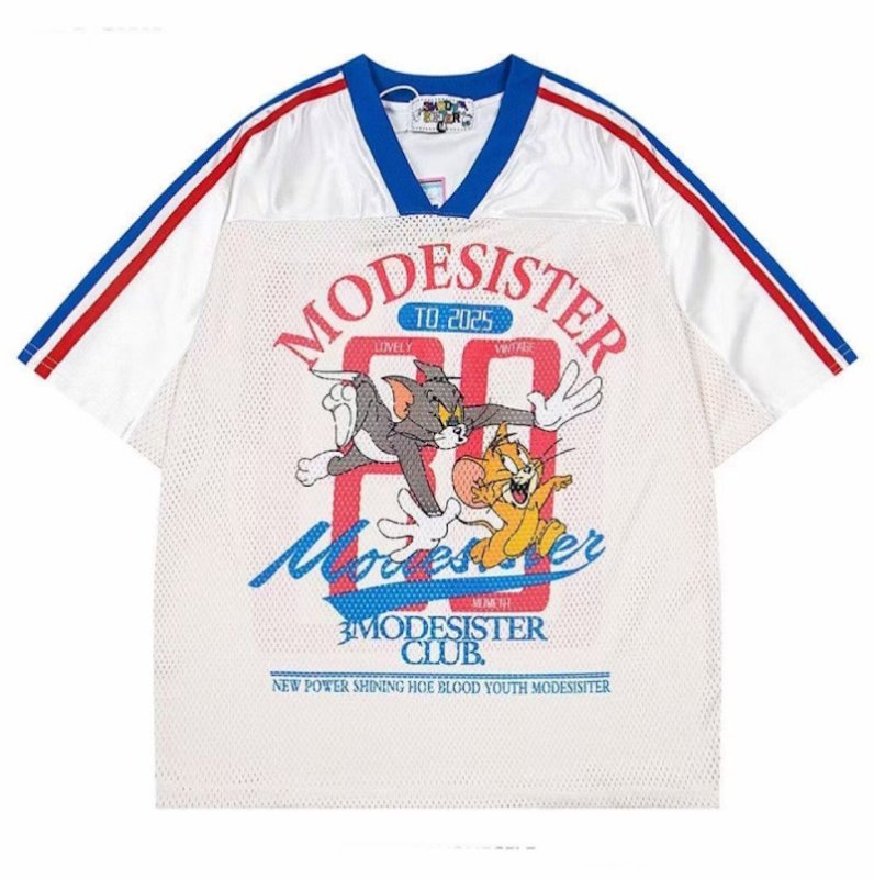 画像1: Unisex MODESISTER Tom and Jerry Chase Numbered V-Neck Mesh Uniform T-Shirt　 ユニセックス 男女兼用モデシスター チェイサートムとジェリーナンバリングVネックメッシュユニホームTシャツ　 ユニセックス 男女兼用 トム＆ジェリーナンバリングVネックメッシュユニホームTシャツ (1)