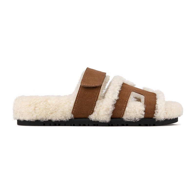 画像2: Real Leather fashionable soft-soled H slippers plush slippers Sandals ファーモコモコ Hベルト サンダル スリッパ (2)