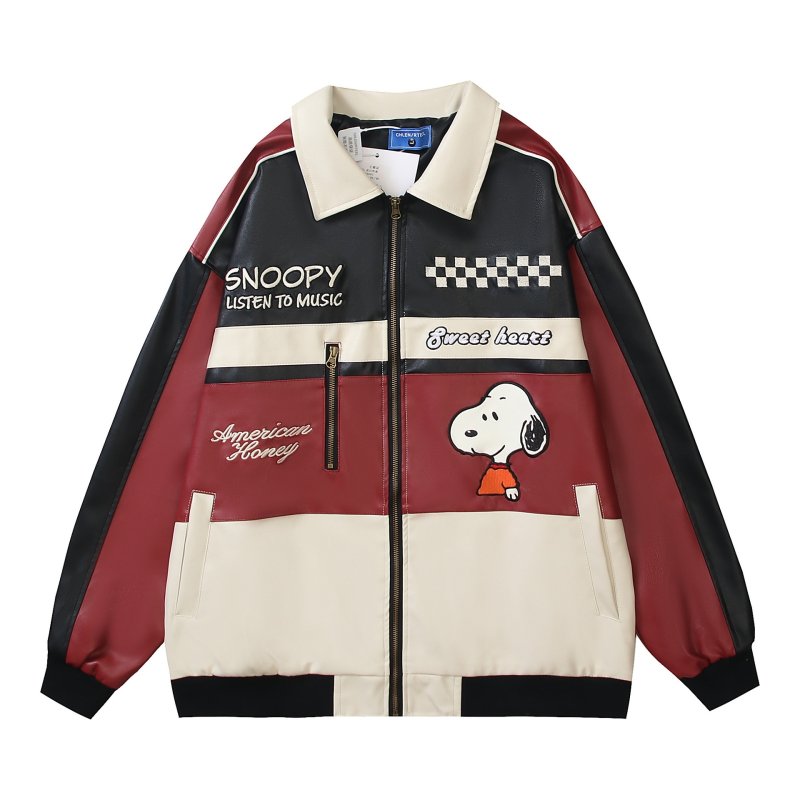 画像2: 26 Snoopy 2tone baseball embroidery Jumper stadium Leather jacket ユニセックス 男女兼用 スヌーピー 刺繍 スタジャン レザー ジャケット MA1 ブルゾン　 (2)