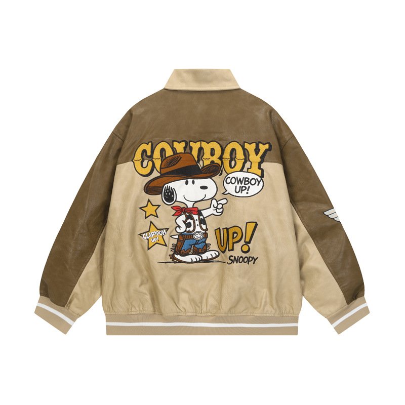 画像1: Cow Boy Snoopy baseball embroidery leather Jumper stadium jacket ユニセックス 男女兼用 スヌーピー カウボーイ 刺繍 レザー スタジャン ジャケット MA1 ブルゾン　 (1)