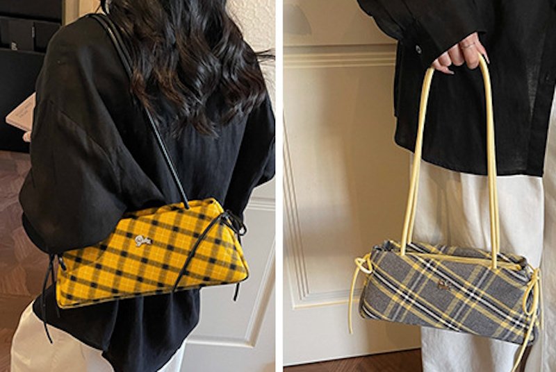 画像4: Checkered Horizontal Tote Shoulder Underarm Bag　チェック柄スタイリッシュ横長トートショルダーアンダーアームバッグ (4)