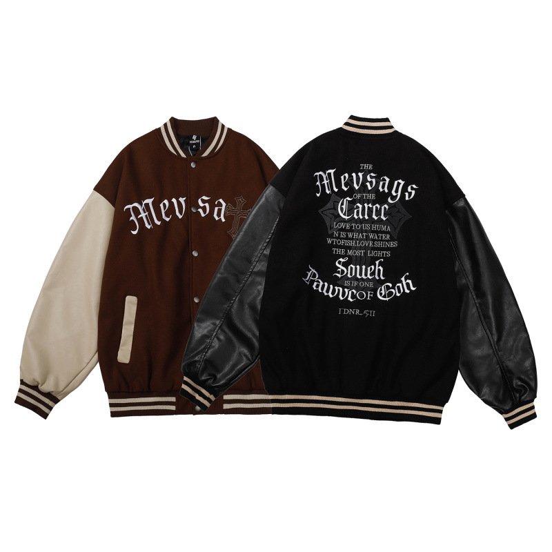 画像8: Unisex Alphabet logo  Leather Sleeve embroidered stadium jacket Blouson  ユニセックス 男女兼用アルファベットロゴ刺繍レザースリーブスタジャン スタジアムジャンパー ジャケット (8)