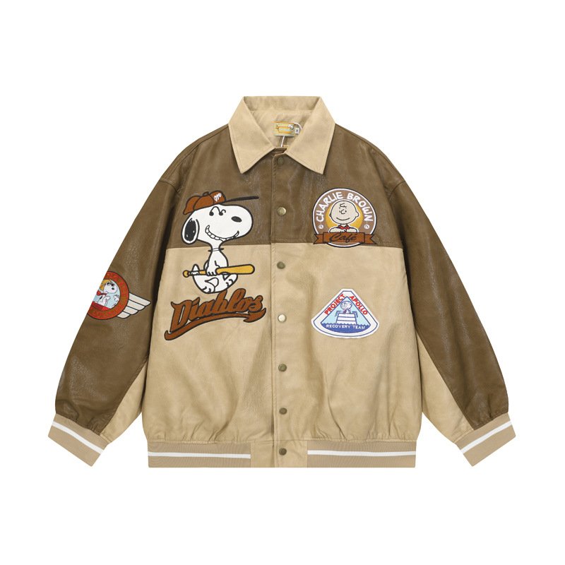 画像2: Cow Boy Snoopy baseball embroidery leather Jumper stadium jacket ユニセックス 男女兼用 スヌーピー カウボーイ 刺繍 レザー スタジャン ジャケット MA1 ブルゾン　 (2)