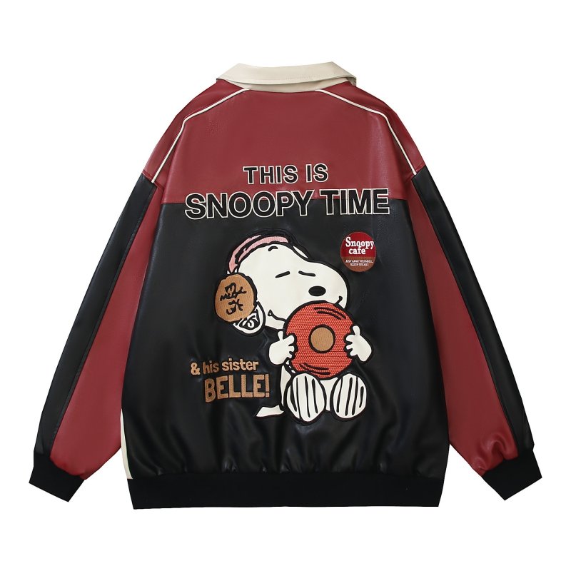 画像1: 26 Snoopy 2tone baseball embroidery Jumper stadium Leather jacket ユニセックス 男女兼用 スヌーピー 刺繍 スタジャン レザー ジャケット MA1 ブルゾン　 (1)