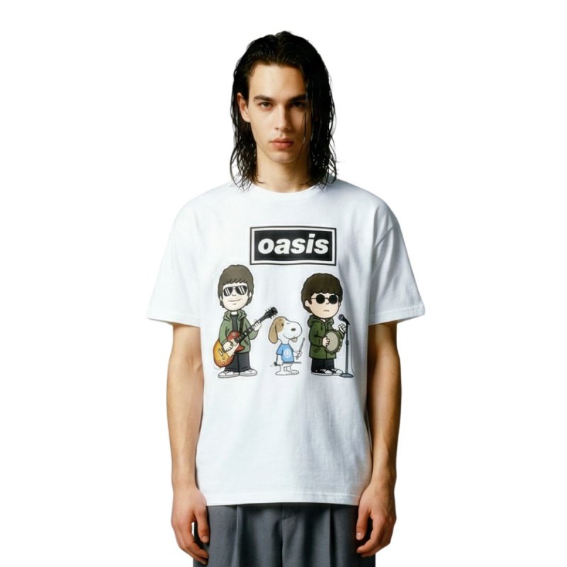 画像2: Unisex Oasis x Dog Beagle Vintage Style T-Shirt  オアシス ビーグル　ヴィンテージスタイル 古着風 ヴィンテージ風 プリント 半袖ラウンドネック Tシャツ ユニセックス 男女兼用 バンドT (2)