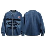 画像4: Washed denim with embroidered lettering V-neck long-sleeve denim shirt jacket uniformユニセックス 男女兼用 ウォッシュデニム加工文字刺繍入りVネック長袖デニムシャツジャケットユニホーム (4)