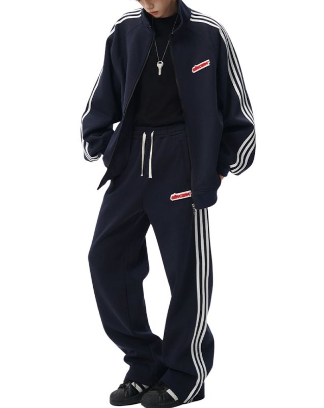 画像2: Unisex 3-line zip-up stand collar set-up Jacket and Pants Set　3ラインジップアップスタンドカラートラックスーツ セットアップ  ジャージ上下 ＆パンツセット (2)