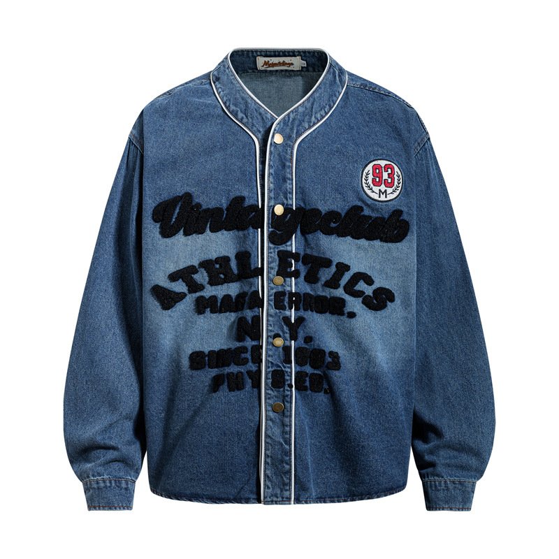 画像1: Washed denim with embroidered lettering V-neck long-sleeve denim shirt jacket uniformユニセックス 男女兼用 ウォッシュデニム加工文字刺繍入りVネック長袖デニムシャツジャケットユニホーム (1)