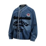 画像3: Washed denim with embroidered lettering V-neck long-sleeve denim shirt jacket uniformユニセックス 男女兼用 ウォッシュデニム加工文字刺繍入りVネック長袖デニムシャツジャケットユニホーム (3)