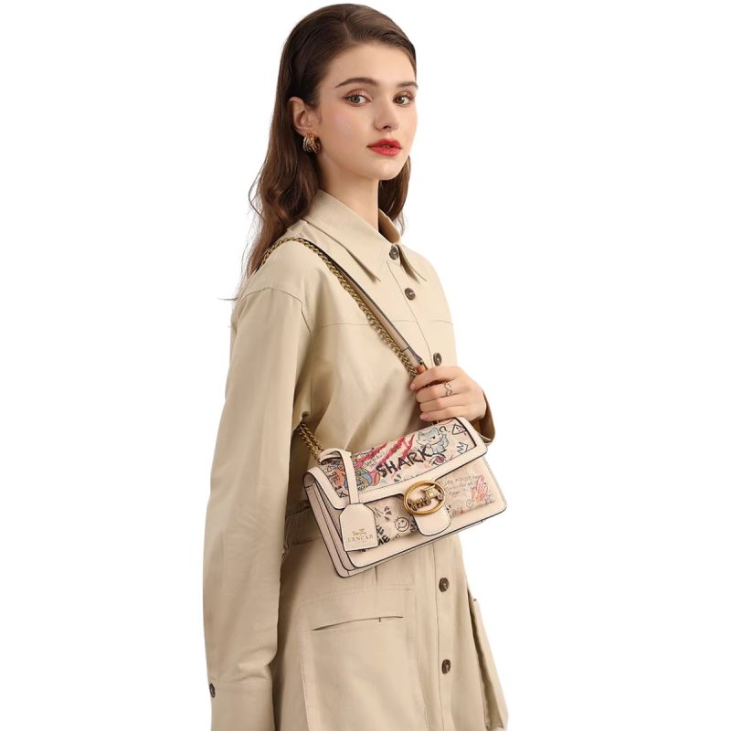 画像1: Woman’s graffiti Bear & Cat chain handbag chain scarf tote bag portable bucket bag グラフィック プリント ベア & キャット チェーン バケットバッグトート ショルダー ポシェット ハンドバック　 (1)