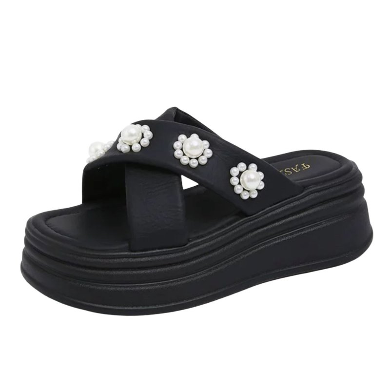画像1: Women platform pearl cross wear sandals and slippers パール付きクロス 厚底 サンダル スリッパ (1)