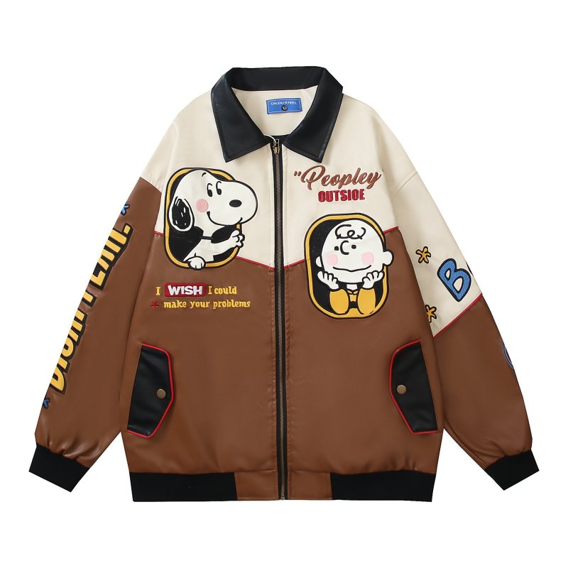 画像2: Muscle Snoopy & Charlie Brown embroideryJacket Jumper Stadium Jacket ユニセックス 男女兼用マッスル スヌーピー＆チャーリーブラウン 刺繍 レザー ジャケット MA1 ブルゾンスタジャン　 (2)