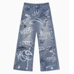 画像2: Unisex Graffiti Paint Pint Denim Vintage wash Pants loose straight wide leg jeans Baggy Graphic Barrel Leg Jeans 男女兼用 ユニセックス 落書き ペイント デニム パンツ ジーンズ ヴィンテージ ウォッシュ バレルレッグ フレアパンツ ワイドレッグ  (2)