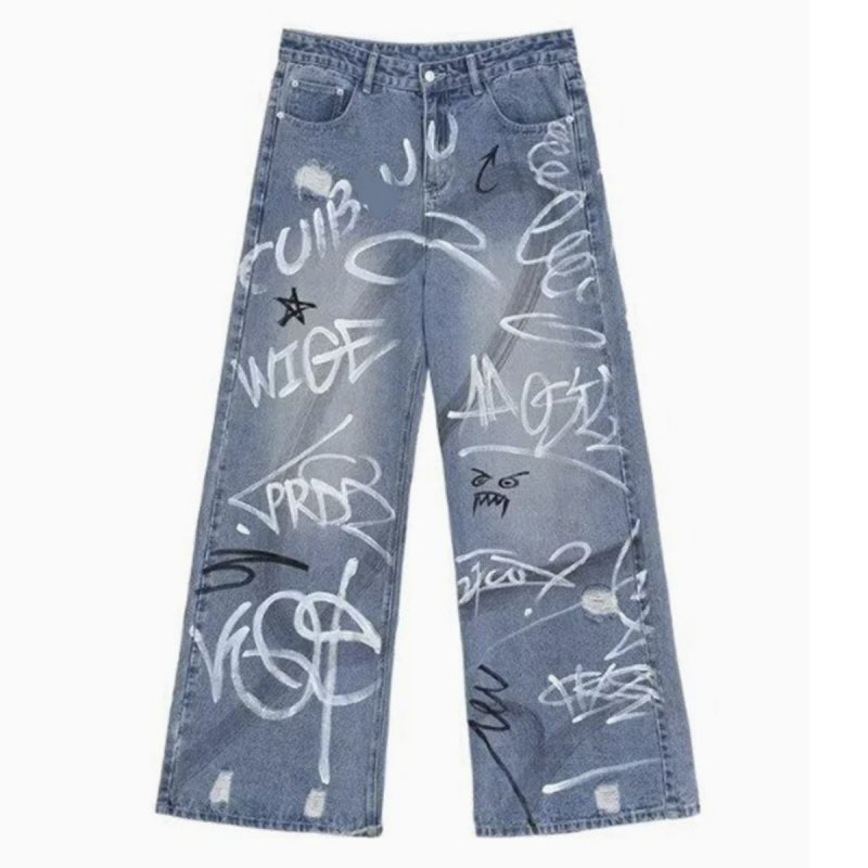 画像2: Unisex Graffiti Paint Pint Denim Vintage wash Pants loose straight wide leg jeans Baggy Graphic Barrel Leg Jeans 男女兼用 ユニセックス 落書き ペイント デニム パンツ ジーンズ ヴィンテージ ウォッシュ バレルレッグ フレアパンツ ワイドレッグ  (2)