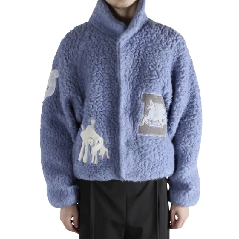 画像2: Blue Boa Coat JACKET baseball uniform jacket blouson UNISEX VARSITY JACKET WOVEN ユニセックス 男女兼用  ボア ラムウール フェイク ムートン コート スタジアムジャンパー スタジャン MA-1 ボンバー ジャケット ブルゾン (2)