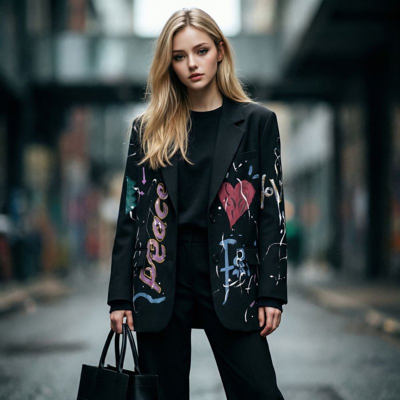 画像3: Women's Graffiti Paint Blazer Jacket 落書き グラフィック グラフィティ ペイント ラペル ブレザー ジャケット 　 (3)