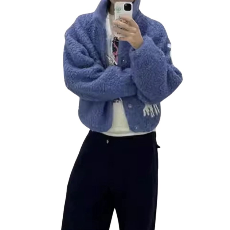 画像3: Blue Boa Coat JACKET baseball uniform jacket blouson UNISEX VARSITY JACKET WOVEN ユニセックス 男女兼用  ボア ラムウール フェイク ムートン コート スタジアムジャンパー スタジャン MA-1 ボンバー ジャケット ブルゾン (3)