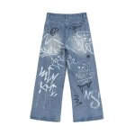画像3: Unisex Graffiti Paint Pint Denim Vintage wash Pants loose straight wide leg jeans Baggy Graphic Barrel Leg Jeans 男女兼用 ユニセックス 落書き ペイント デニム パンツ ジーンズ ヴィンテージ ウォッシュ バレルレッグ フレアパンツ ワイドレッグ  (3)