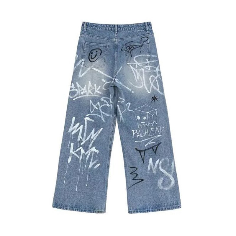 画像3: Unisex Graffiti Paint Pint Denim Vintage wash Pants loose straight wide leg jeans Baggy Graphic Barrel Leg Jeans 男女兼用 ユニセックス 落書き ペイント デニム パンツ ジーンズ ヴィンテージ ウォッシュ バレルレッグ フレアパンツ ワイドレッグ  (3)