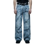 画像1: Unisex Graffiti Paint Pint Denim Vintage wash Pants loose straight wide leg jeans Baggy Graphic Barrel Leg Jeans 男女兼用 ユニセックス 落書き ペイント デニム パンツ ジーンズ ヴィンテージ ウォッシュ バレルレッグ フレアパンツ ワイドレッグ  (1)