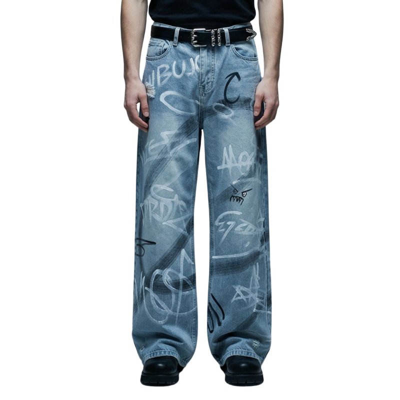 画像1: Unisex Graffiti Paint Pint Denim Vintage wash Pants loose straight wide leg jeans Baggy Graphic Barrel Leg Jeans 男女兼用 ユニセックス 落書き ペイント デニム パンツ ジーンズ ヴィンテージ ウォッシュ バレルレッグ フレアパンツ ワイドレッグ  (1)