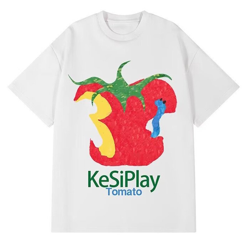 画像1: Unisex A half-eaten tomato Print  T-shirt  男女兼用 ユニセックス齧りかけのトマトプリント 半袖 Tシャツ (1)