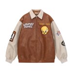 画像1: 26 Unisex Looney tunes tweety leather stadium jacket baseball uniform blouson  ユニセックス 男女兼用 ルーニー・テューンズ トゥイーティー レザー スタジアムジャンパー スタジャン MA-1 ボンバー ジャケット ブルゾン (1)