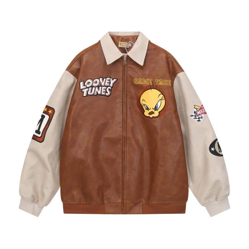 画像1: 26 Unisex Looney tunes tweety leather stadium jacket baseball uniform blouson  ユニセックス 男女兼用 ルーニー・テューンズ トゥイーティー レザー スタジアムジャンパー スタジャン MA-1 ボンバー ジャケット ブルゾン (1)