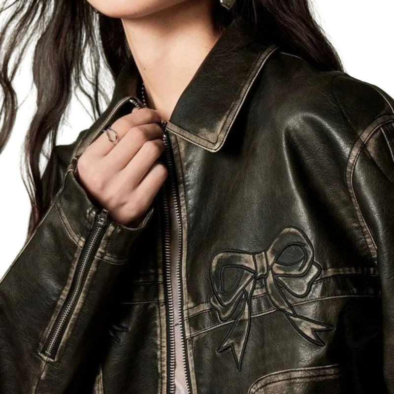 画像4: Women's Bow Black Leather Jacket Blouson coat リボン レザー ジャケット ライダース コート  (4)